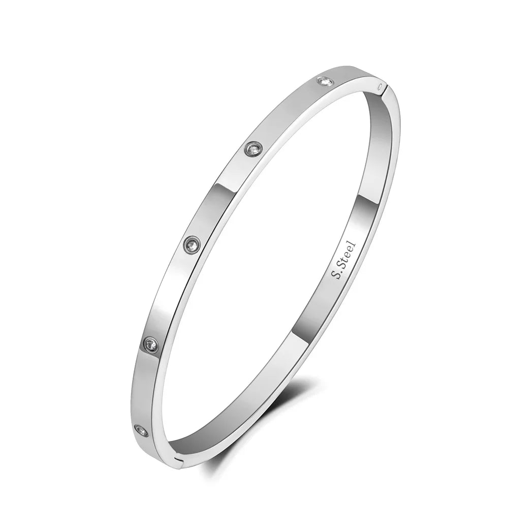 AENINE Luxury CZ Crystal 4mm Cuff Bangle For Women Classic Cubic Zirconia Love Titanium Stainless Steel Bracelet Jewelry AB19063