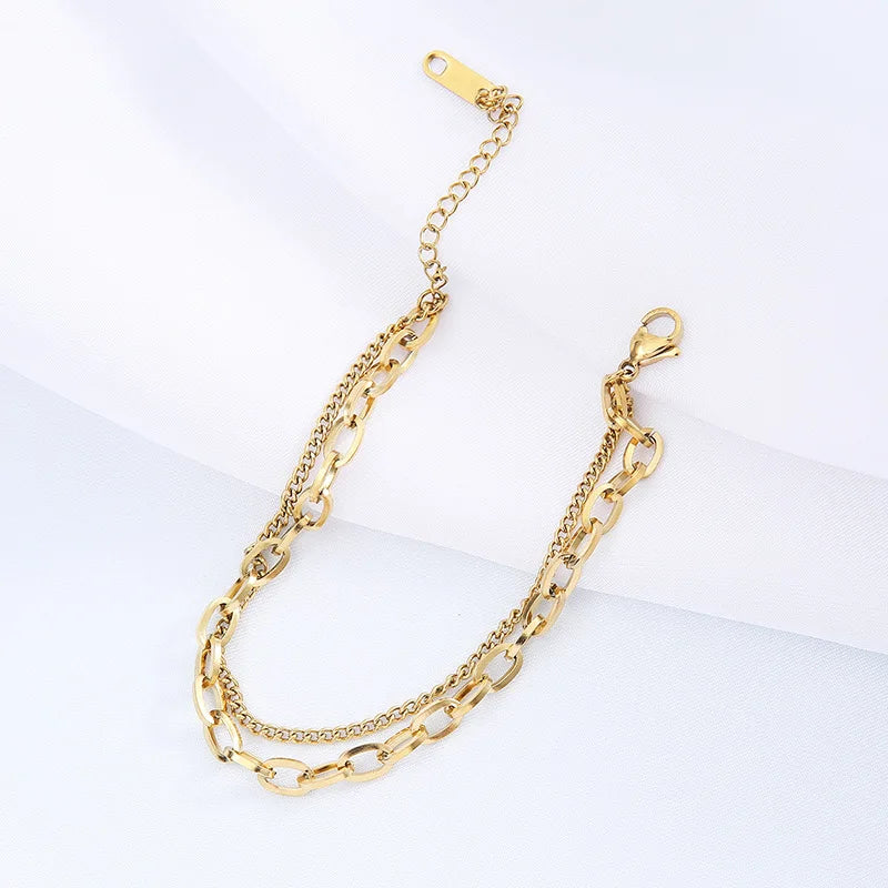 DIEYURO 316L Stainless Steel Punk 2 Layer Bracelet Simple Irregular Chain Gold Silver Colours Women Men Jewelry Couple Present