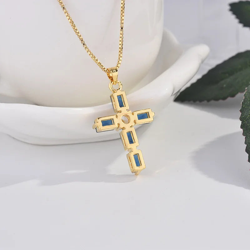 Real Solid 18k Yellow Gold Cross Pendant Necklace for Men and Women Simple Design Sapphire Pendant  Jesus Christ Fine Jewelry