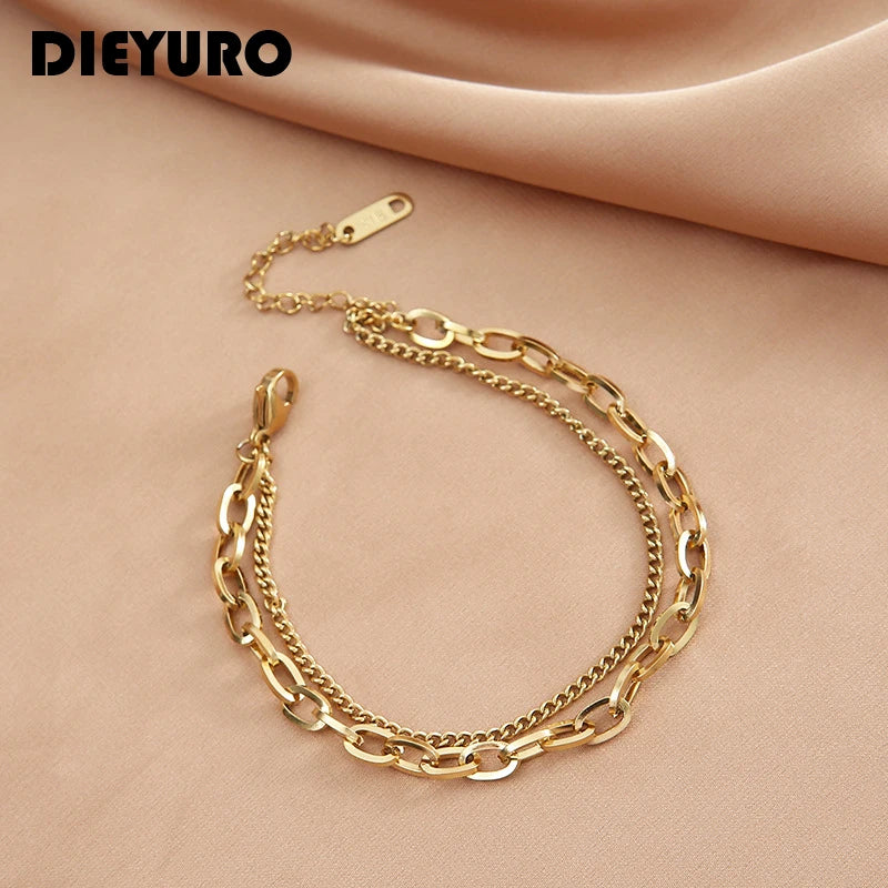 DIEYURO 316L Stainless Steel Punk 2 Layer Bracelet Simple Irregular Chain Gold Silver Colours Women Men Jewelry Couple Present