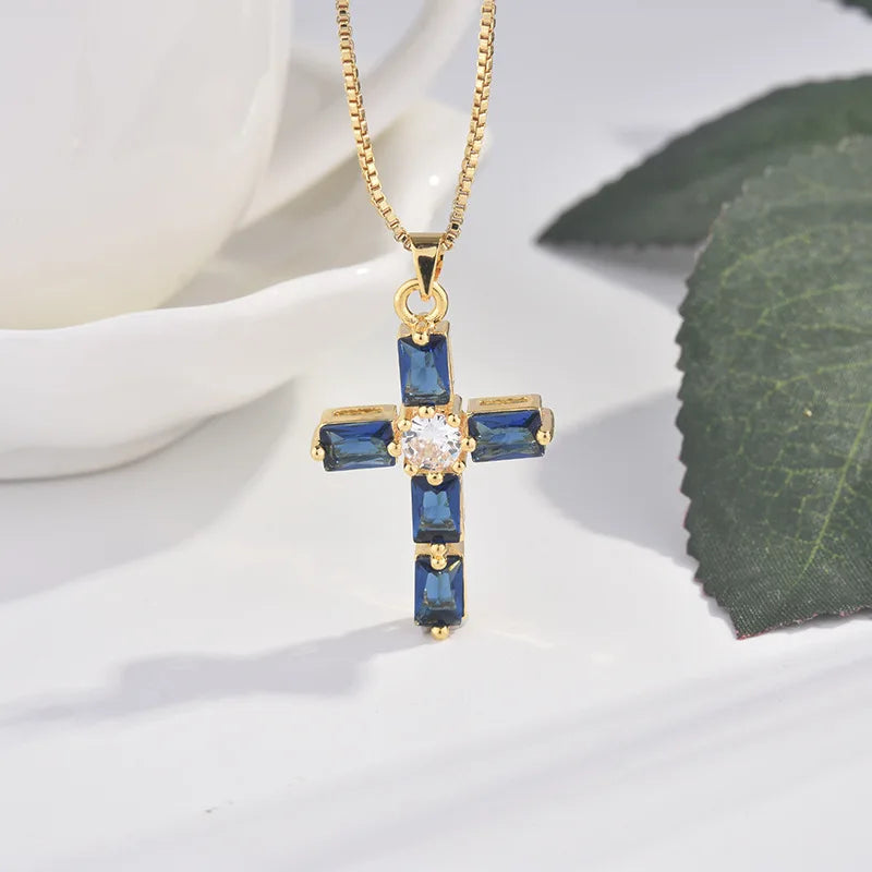 Real Solid 18k Yellow Gold Cross Pendant Necklace for Men and Women Simple Design Sapphire Pendant  Jesus Christ Fine Jewelry