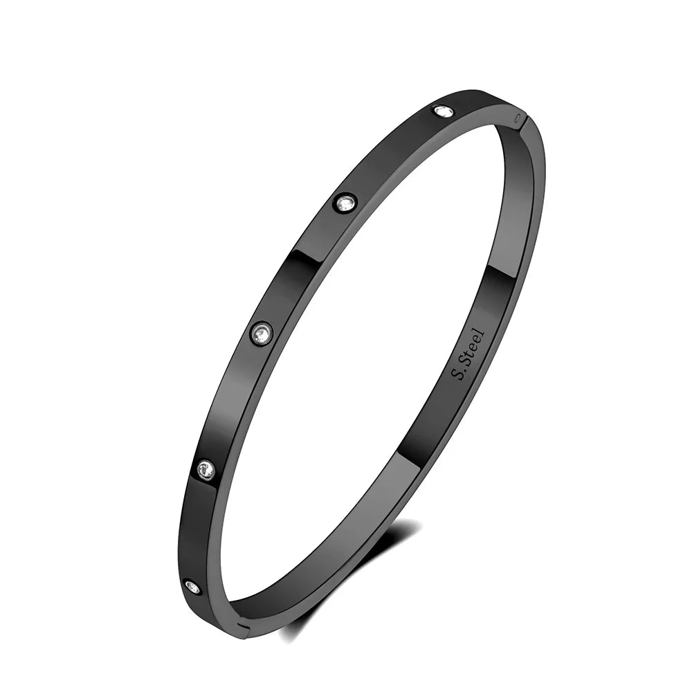 AENINE Luxury CZ Crystal 4mm Cuff Bangle For Women Classic Cubic Zirconia Love Titanium Stainless Steel Bracelet Jewelry AB19063