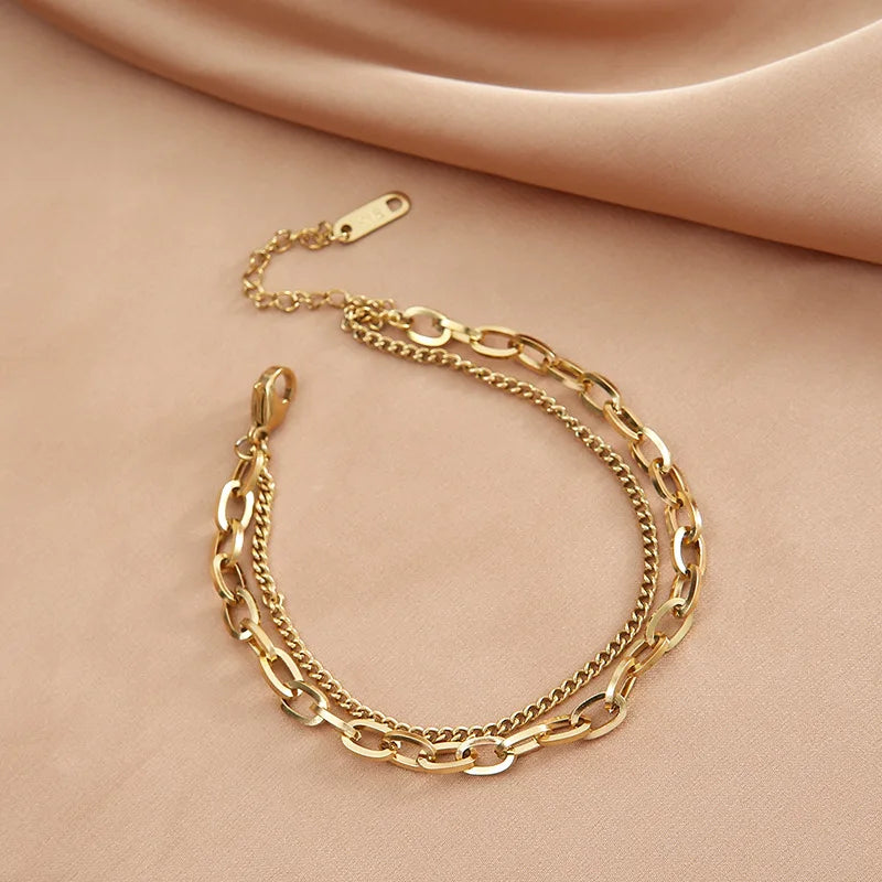 DIEYURO 316L Stainless Steel Punk 2 Layer Bracelet Simple Irregular Chain Gold Silver Colours Women Men Jewelry Couple Present