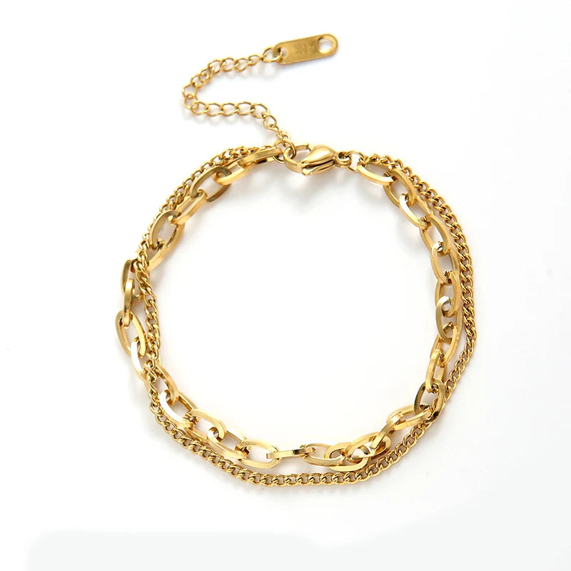 DIEYURO 316L Stainless Steel Punk 2 Layer Bracelet Simple Irregular Chain Gold Silver Colours Women Men Jewelry Couple Present