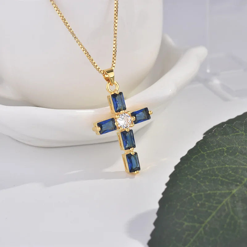 Real Solid 18k Yellow Gold Cross Pendant Necklace for Men and Women Simple Design Sapphire Pendant  Jesus Christ Fine Jewelry