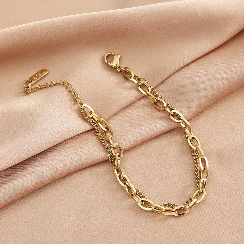 DIEYURO 316L Stainless Steel Punk 2 Layer Bracelet Simple Irregular Chain Gold Silver Colours Women Men Jewelry Couple Present