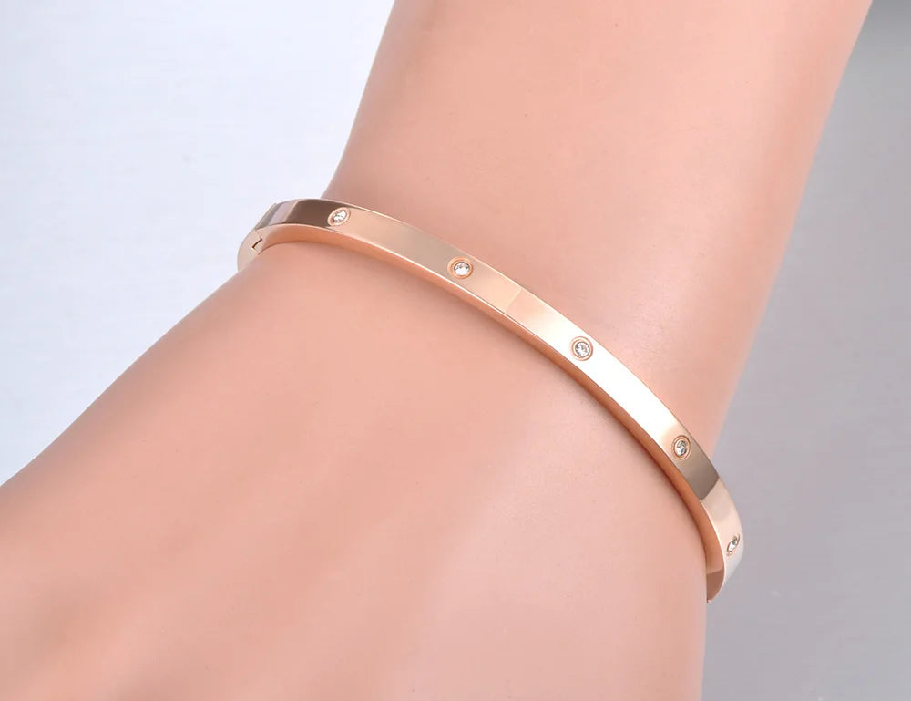 AENINE Luxury CZ Crystal 4mm Cuff Bangle For Women Classic Cubic Zirconia Love Titanium Stainless Steel Bracelet Jewelry AB19063