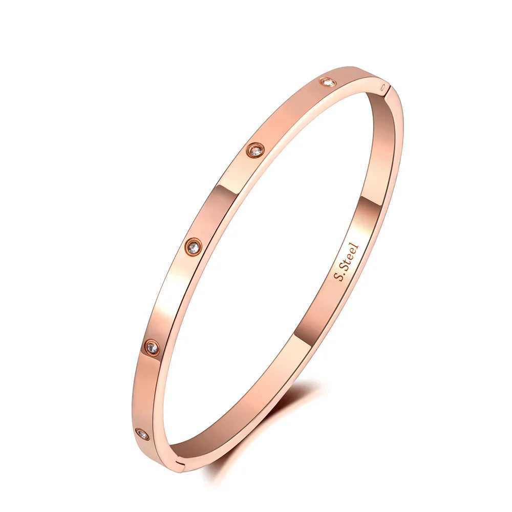 AENINE Luxury CZ Crystal 4mm Cuff Bangle For Women Classic Cubic Zirconia Love Titanium Stainless Steel Bracelet Jewelry AB19063