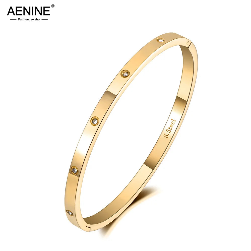 AENINE Luxury CZ Crystal 4mm Cuff Bangle For Women Classic Cubic Zirconia Love Titanium Stainless Steel Bracelet Jewelry AB19063