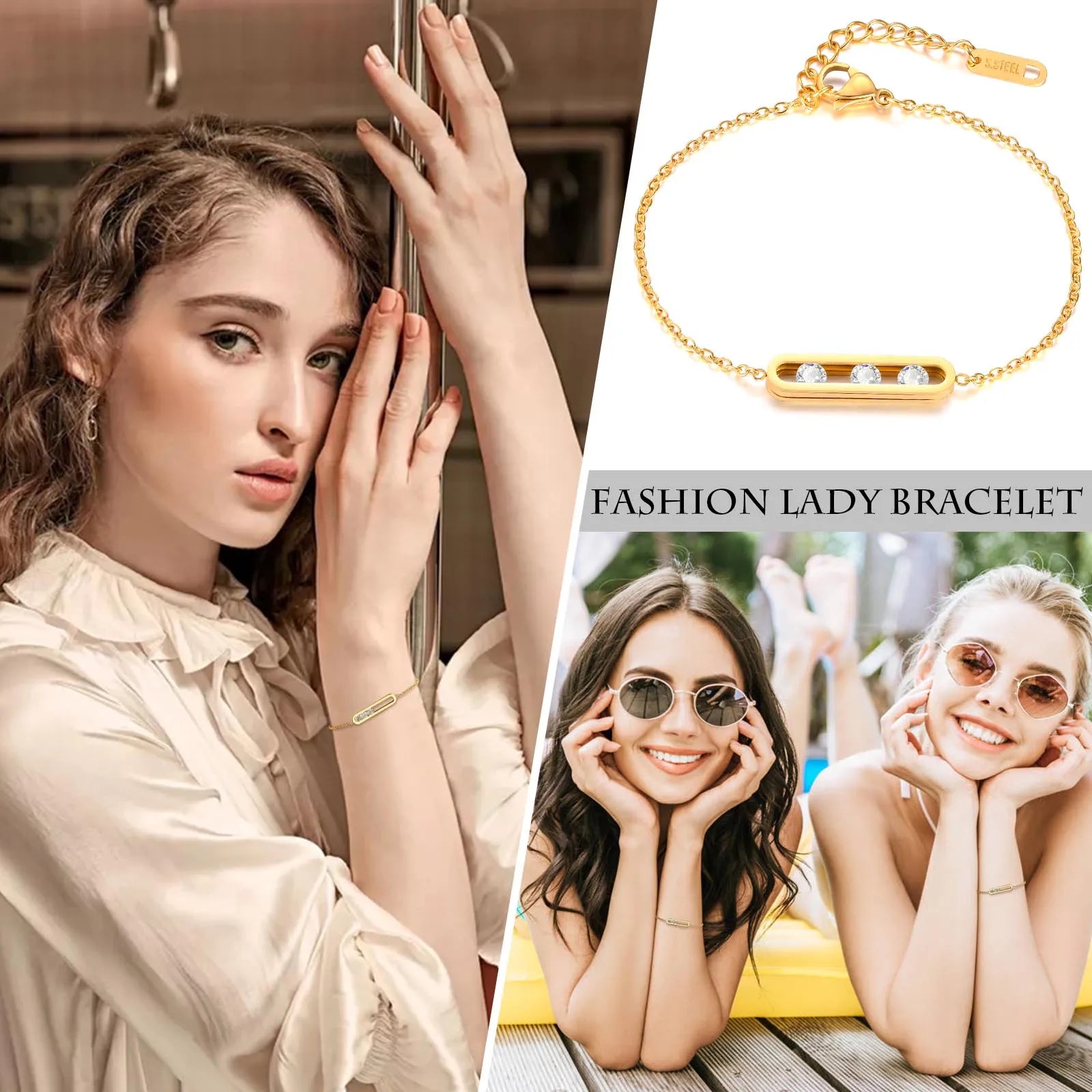 Fashion Cubic Zirconia Bracelet, Stainless Steel Thin Chain Link Bracelets for Women, Minimalist Charm Jewelry