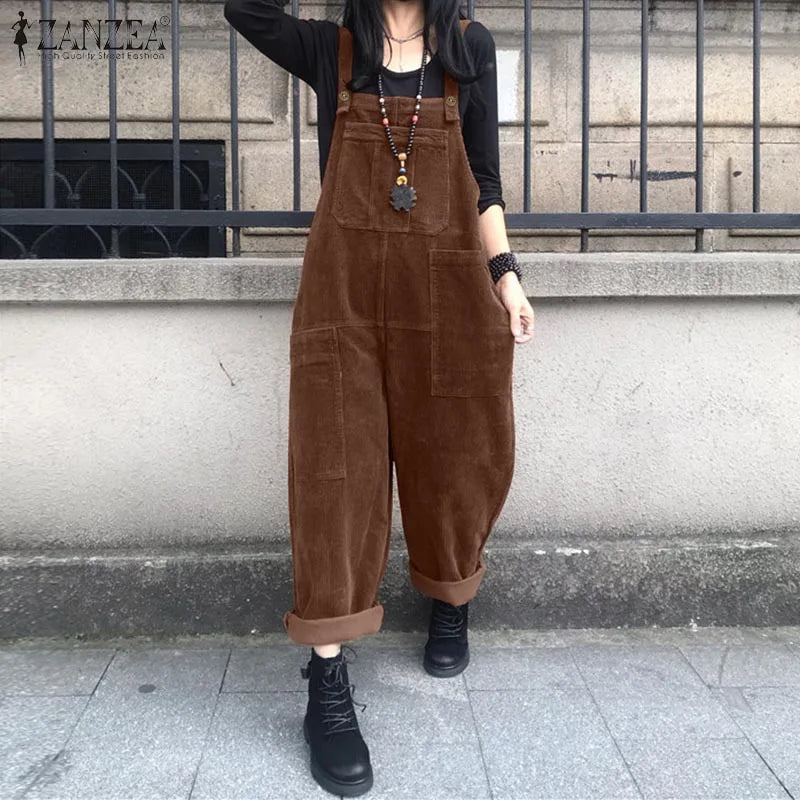 Kaftan Corduroy Overalls Women's Spring Jumpsuits ZANZEA 2025 Casual Suspender Harem Pants Female Solid Rompers Femme Oversize