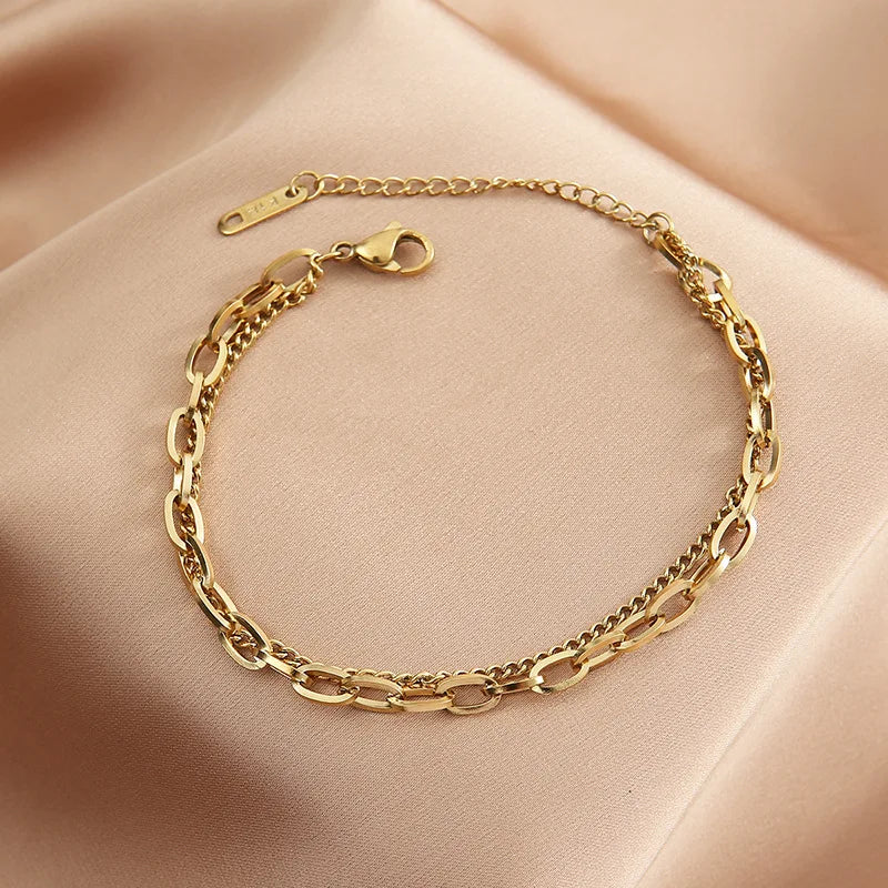 DIEYURO 316L Stainless Steel Punk 2 Layer Bracelet Simple Irregular Chain Gold Silver Colours Women Men Jewelry Couple Present