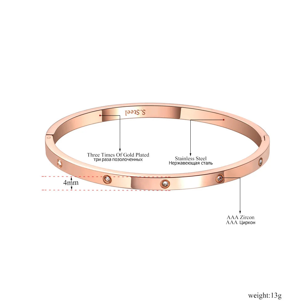 AENINE Luxury CZ Crystal 4mm Cuff Bangle For Women Classic Cubic Zirconia Love Titanium Stainless Steel Bracelet Jewelry AB19063
