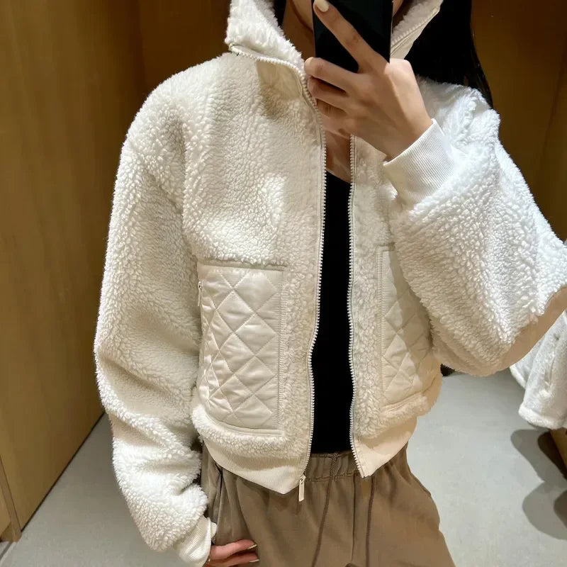 2025 Autumn New Lamb Plush Warm Coat Fashion Stand-up Collar Zipper Winter Jacket Women Outerwear High Waist Thicken Coats
