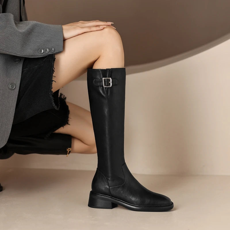 Women's New Autumn/Winter Genuine Leather Cowhide Mid Heel Large Metal Belt Buckle and Knee Zipper High Barrel Knight Boots