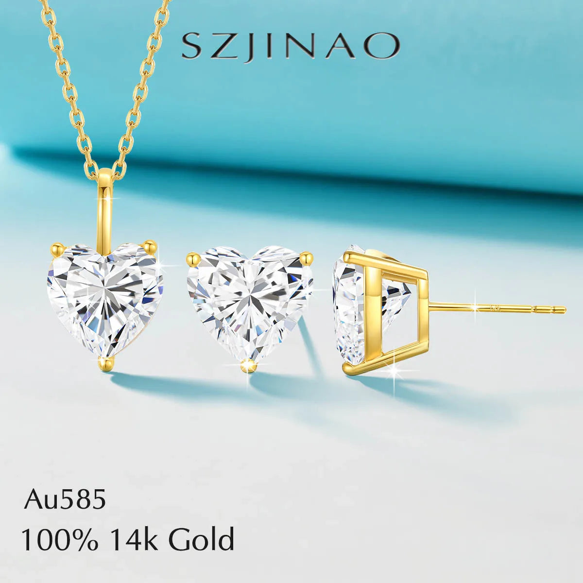 Real 14K Gold Moissanite Stud Earrings Heart Shape Pendant Necklace Au585 Diamond Jewelry Set for Women Engagement Romantic Gift