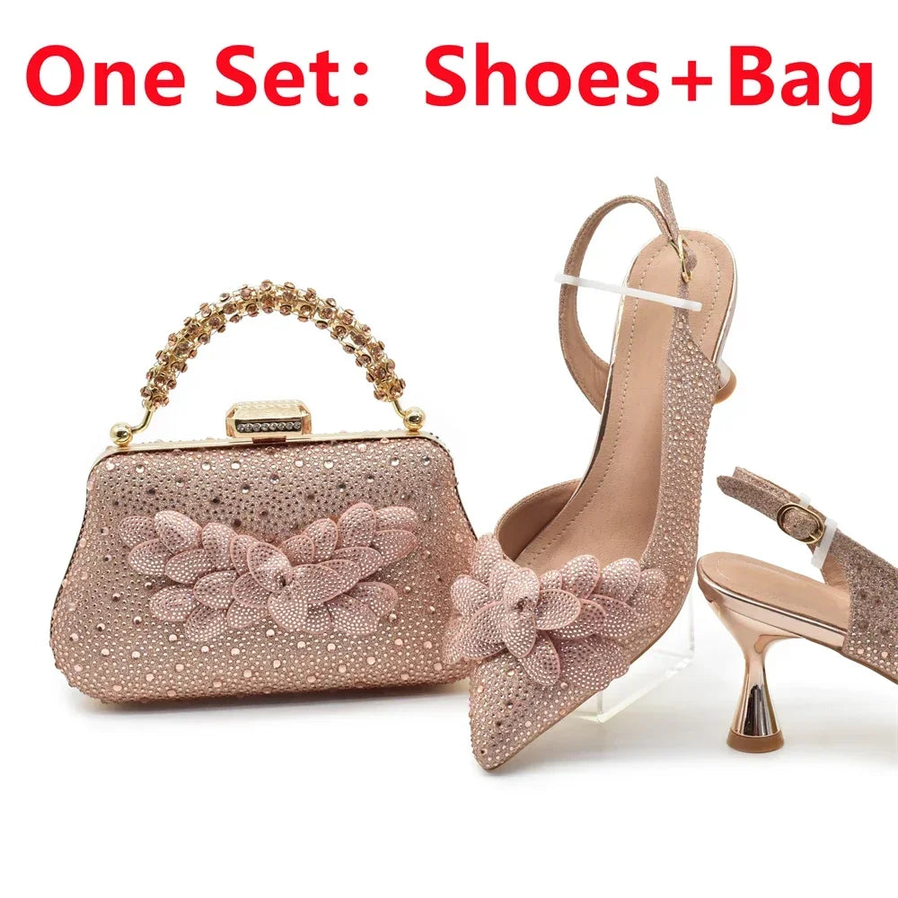 2024 Nigerian Style Rhinestone Medium Heeled Sandals for Women Fashion Wedding Party Shoes and Bags Set with Rhinestone