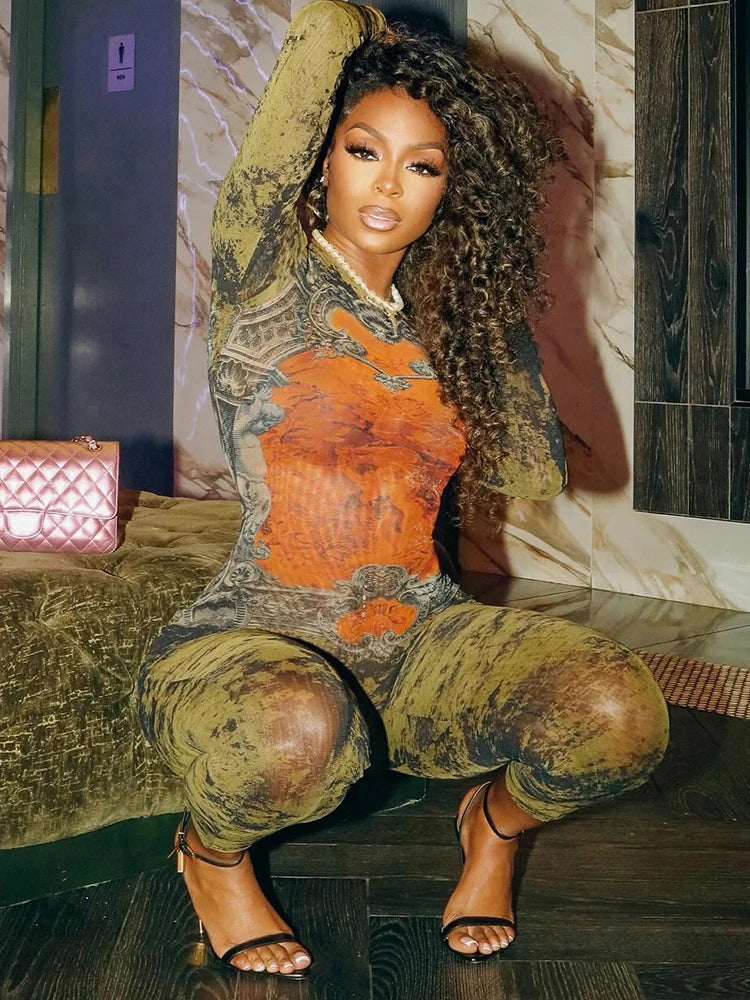 Weird Puss Tie-Dye Print Jumpsuit Women Fitness Stretch Tight Sexy o-Neck Full Sleeve Skinny Streetwear Autumn Zip Slim Overalls