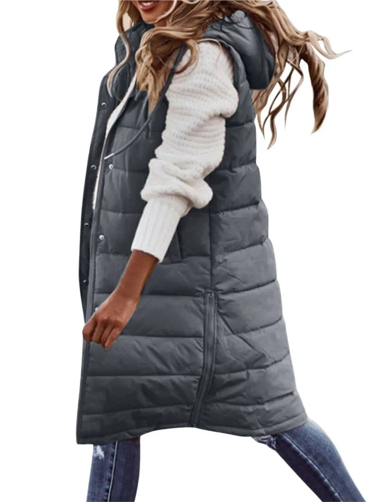 Casual Vest Hooded Single Breasted Mid-length Cotton Padded Jacket Winter Fashion Button Zipper Fitted Cardigan Female Vest Coat