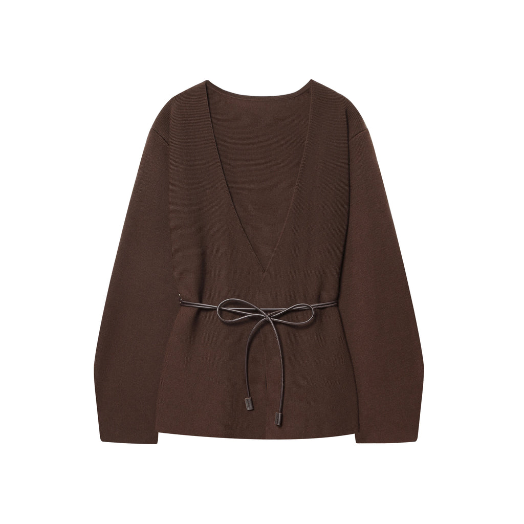 KONDALA Casual Chic Brown Knit Cardigans Women V Neck Long Sleeve Sashes Loose Sweaters Fashion 2025 Fall Winter Office Lady Top