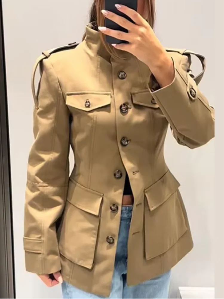 Elegant Stand Collar Trench Coats Women Y2K Long Sleeve Pockets Waist Jacket 2026 Autumn Street Lady Single Breasted Outerwear