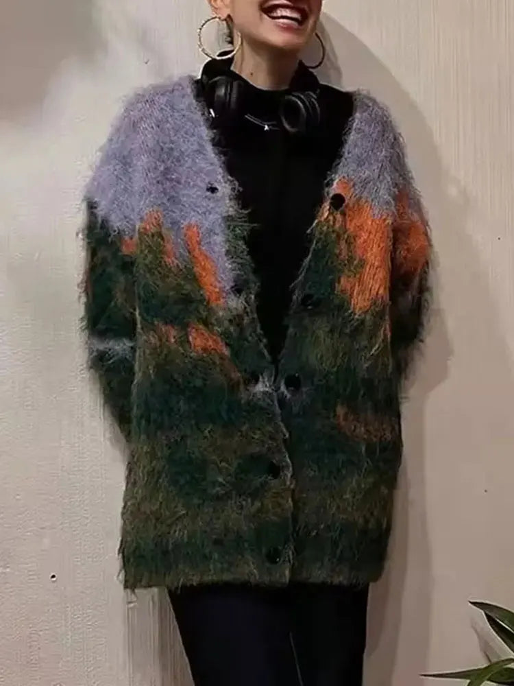 Vintage Woman Print Cardigan Knitted V-neck Long Sleeves Single Breasted Sweater Coat 2025 Autumn Casual Women's Outwear