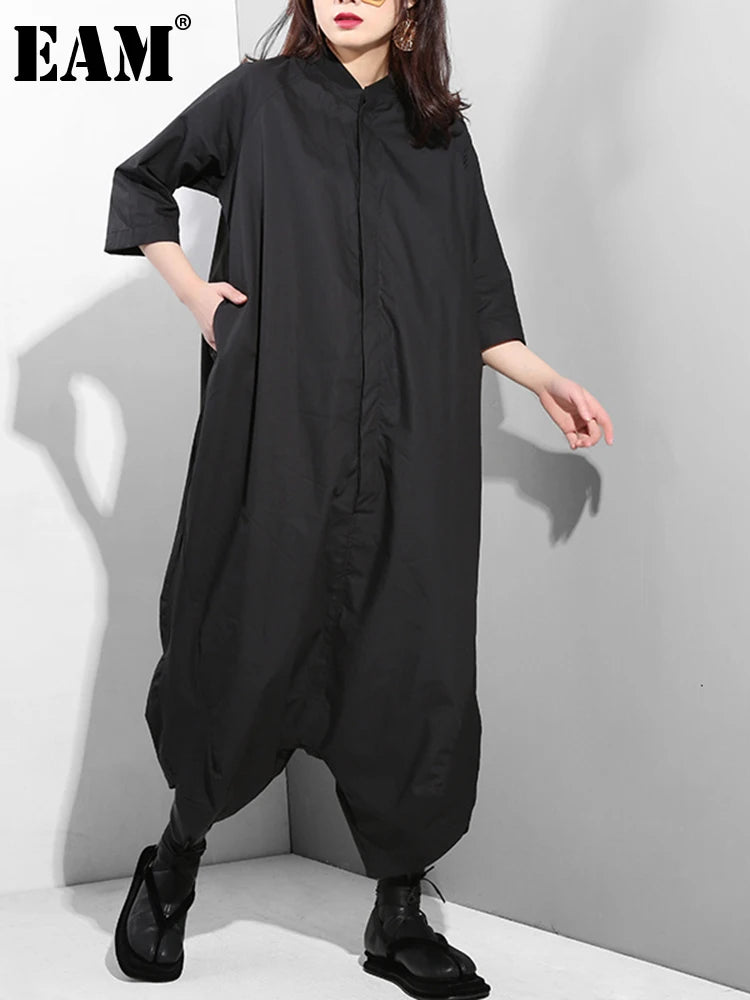[EAM] Loose Fit Women Black Wide Leg Long Jumpsuit New High Waist Pocket Stitch Pants Fashion Tide Spring Autumn 2025 YA11601