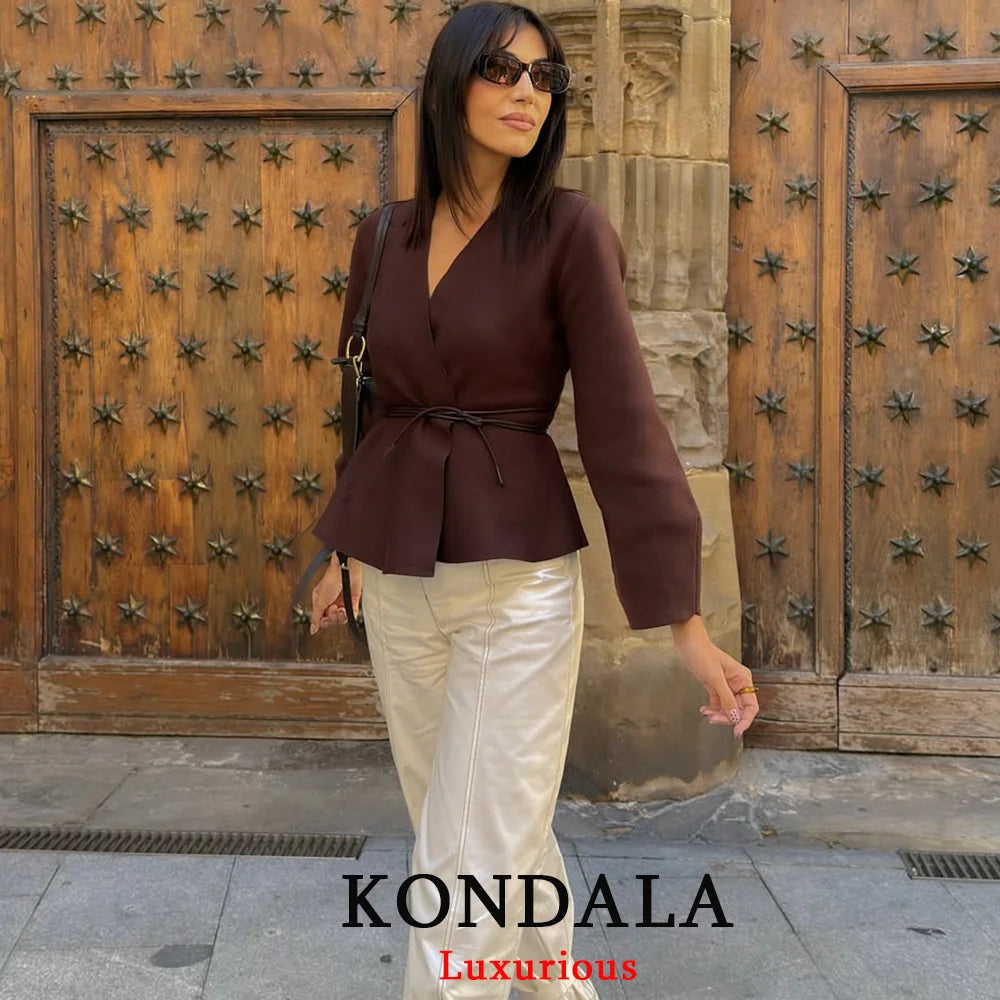KONDALA Casual Chic Brown Knit Cardigans Women V Neck Long Sleeve Sashes Loose Sweaters Fashion 2025 Fall Winter Office Lady Top