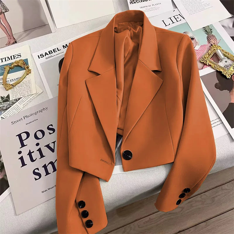 2025 Autumn Black Cropped Blazers Woman Trend New All-match Notched Collar Crop Jacket Women Korean Chic Single Button Suit Coat
