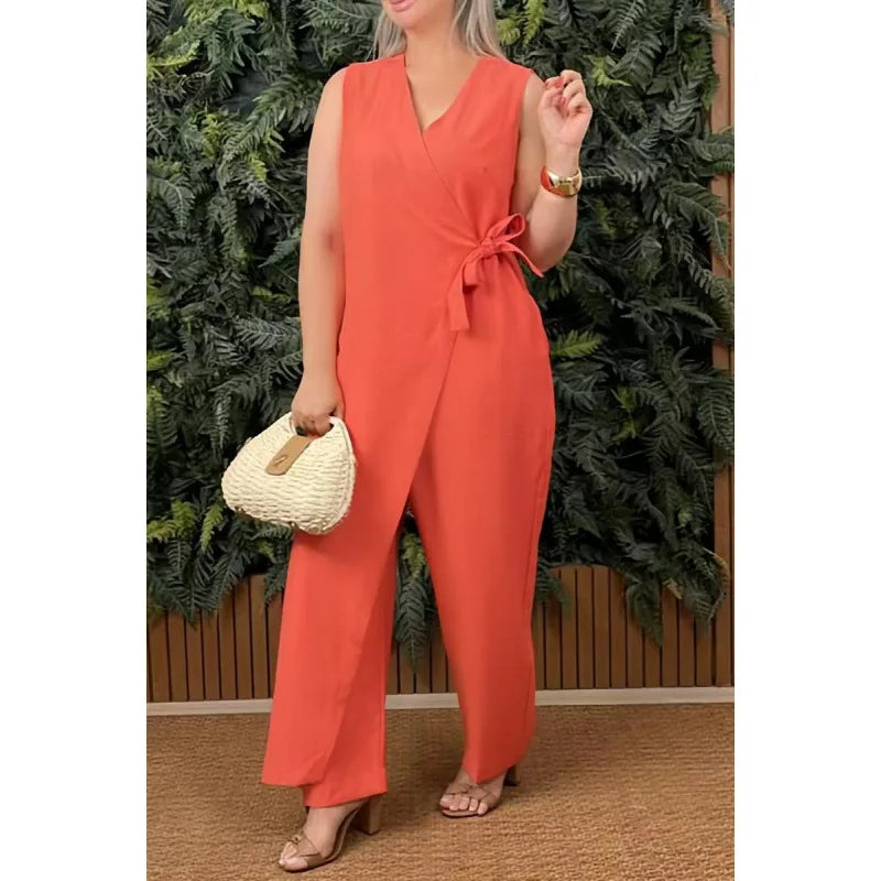 Women's Casual V-neck Cross Strap Jumpsuit Streetwear Loose Romper Elegant Lace Up Sleeveless Hollow Out Solid Office Jumpsuits