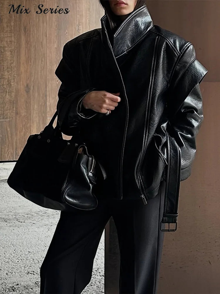 Fashion Solid Leather Jacket Women's Turtleneck Side Zipper Long Sleeve Belted Coat 2025 Autumn New Lady High Street Outerwear