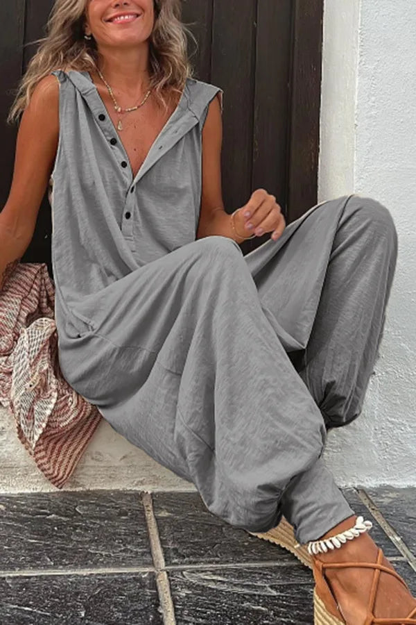 Fashionable Sleeveless Hooded Collar Jumpsuit Women Spring Summer Button Pocket Loose Casual Baggy Pants Jumpsuits Female