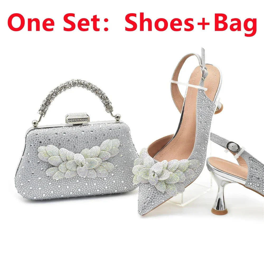 2024 Nigerian Style Rhinestone Medium Heeled Sandals for Women Fashion Wedding Party Shoes and Bags Set with Rhinestone