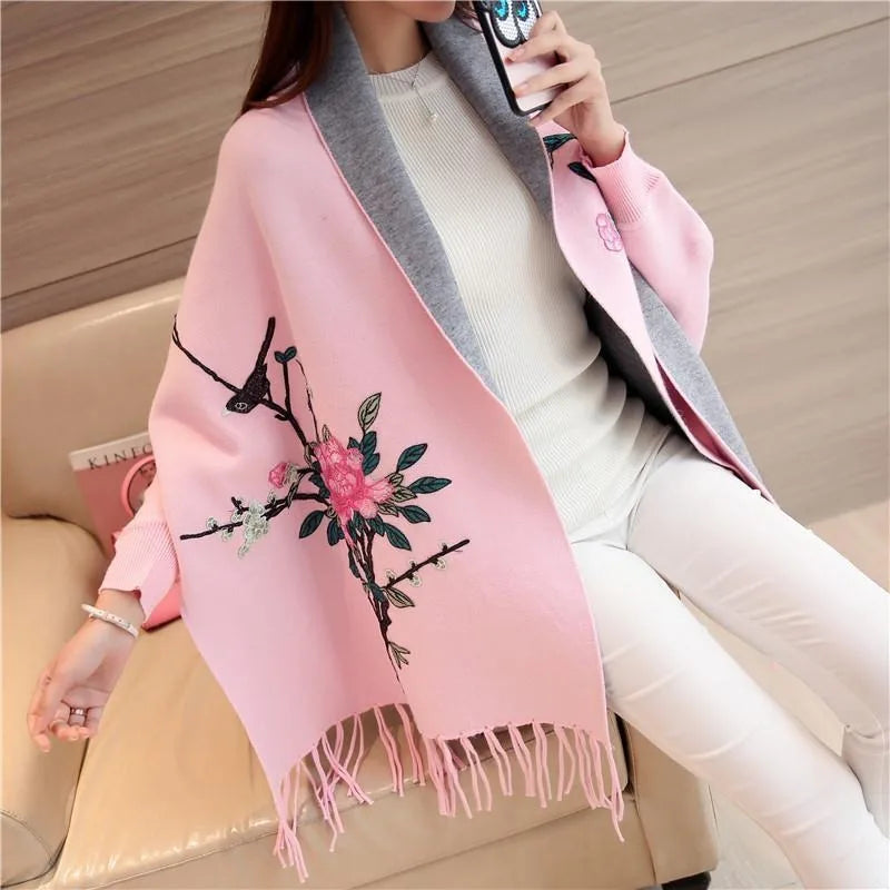 Autumn and winter embroidered cape shawl women's embroidered knitted cardigan tassel knit sweater