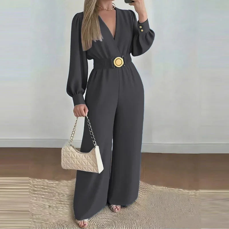 Autumn Elegant V-neck Solid Long Jumpsuits Fashion Commuting Belt Lace-Up Wide Legger Romper Casual Long Sleeve Women's Playsuit