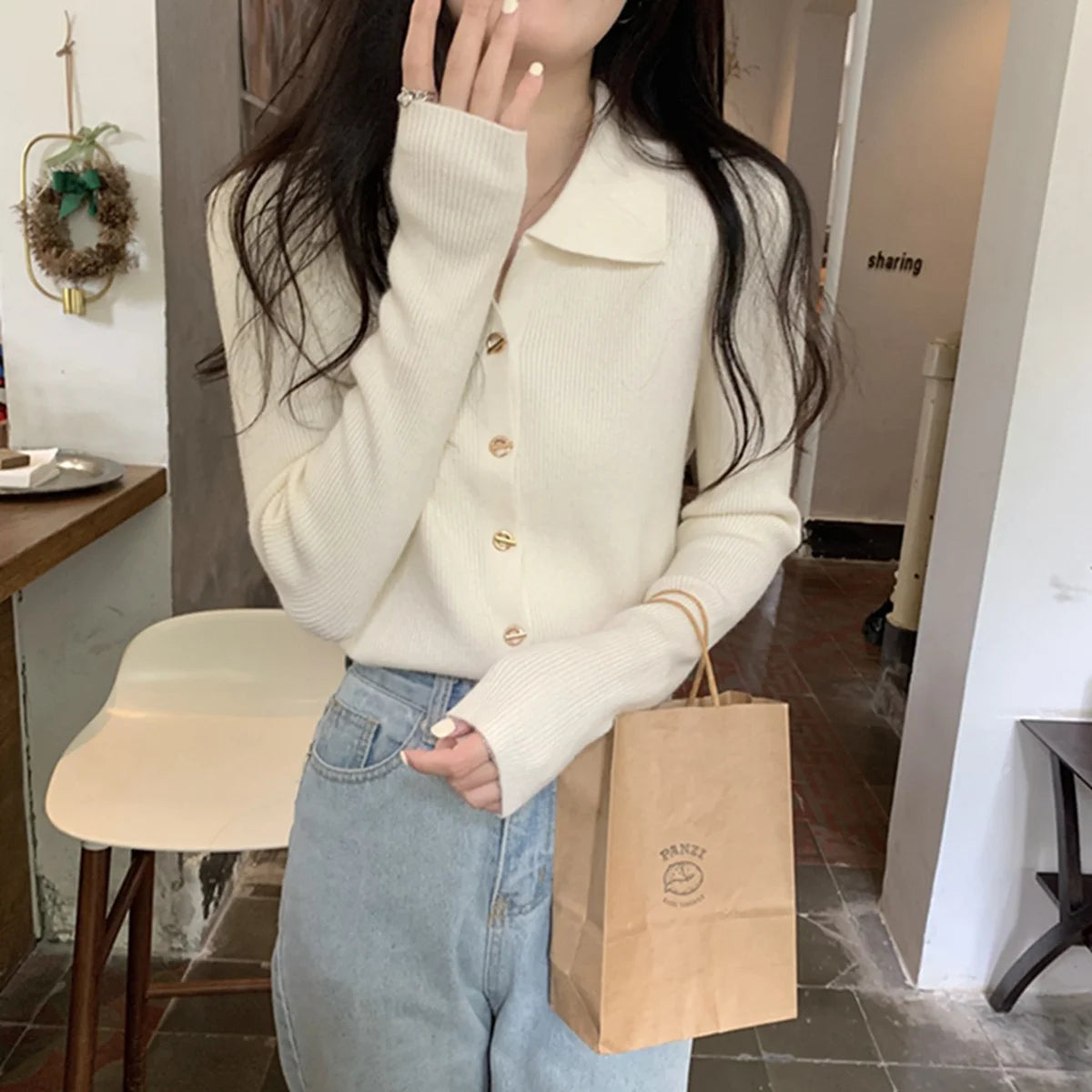 Women Fashion Button Knitted Cardigan Autumn Winter Polo Neck Long Sleeve Solid Knitwear Korean Vintage Casual Street Tops Chic