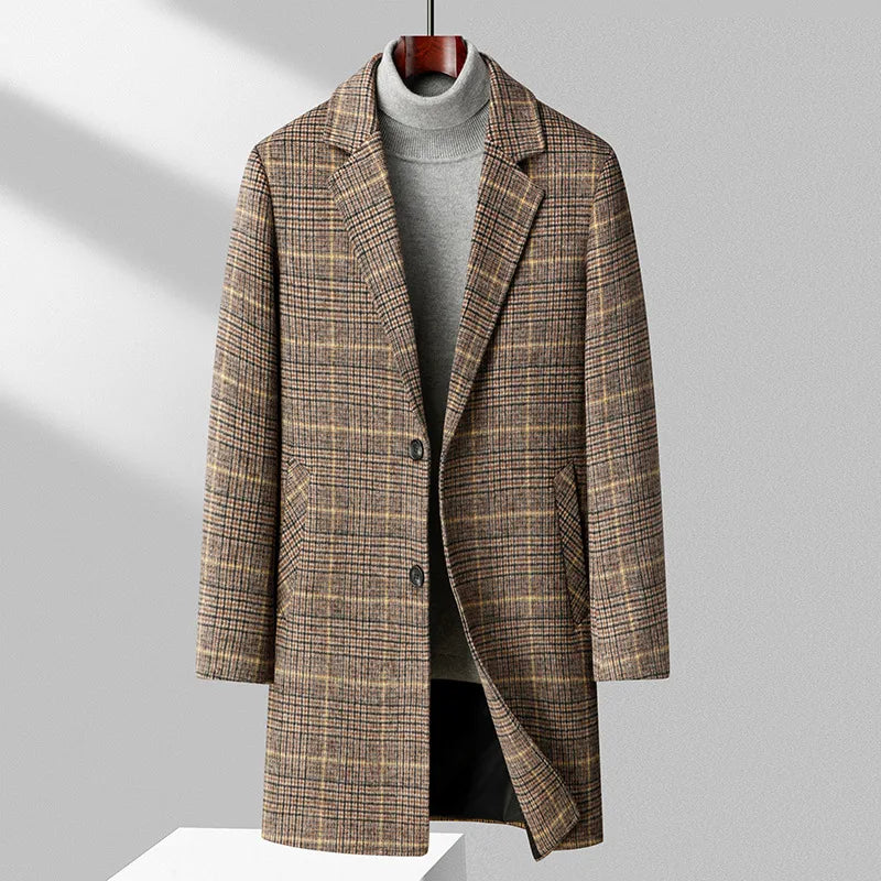 New Winter Men Plaid Business Casual Cashmere Trench Coats British Style Overcoats Quality Man Warm Woolen Blends Long Jackets