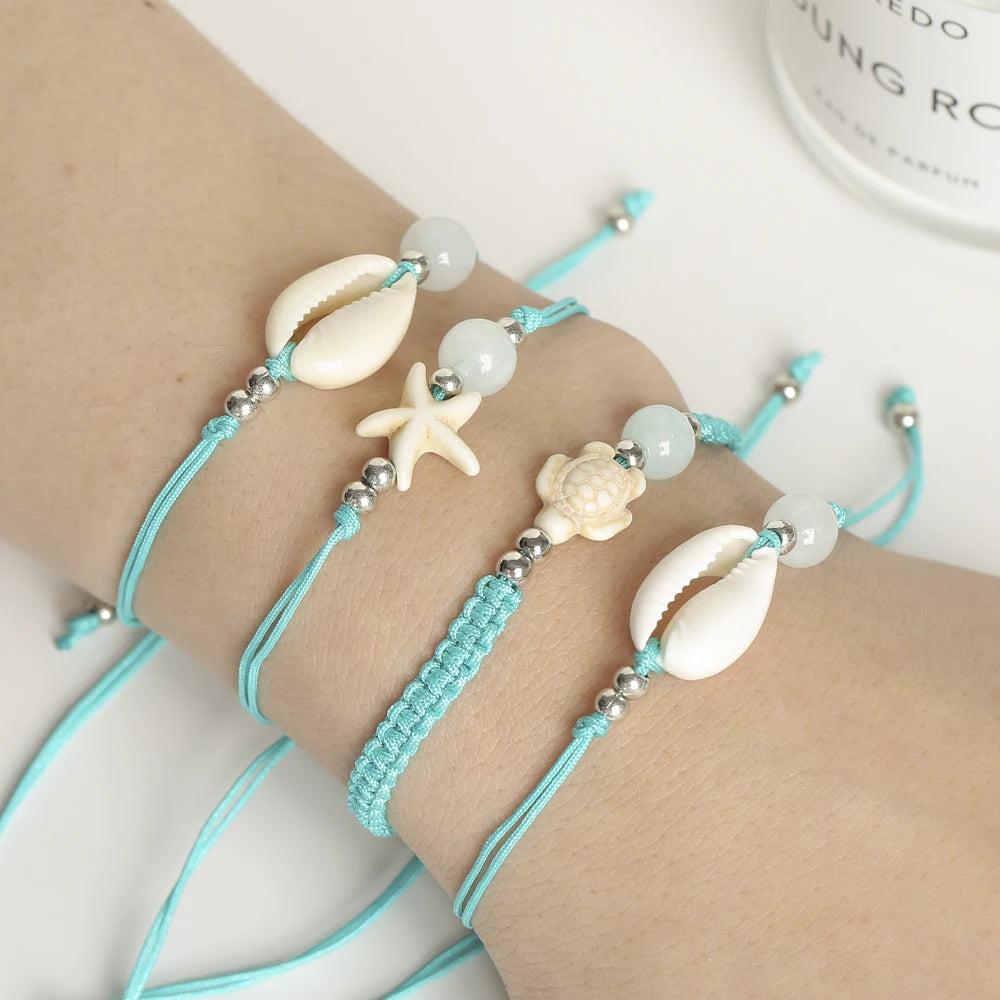12pcs Shell Starfish Turtle Charms Bracelet Set Braided Rope Bracelet Set Handmade Adjustable Bracelets For Women Jewelry Gifts