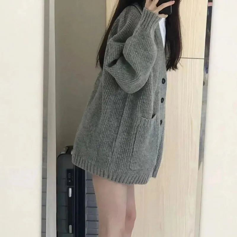 Korean College Style Single Breasted Cardigans Loose and Lazy V-neck Big Pocket Knitted Cardigan Women's Popular Coat Sweater