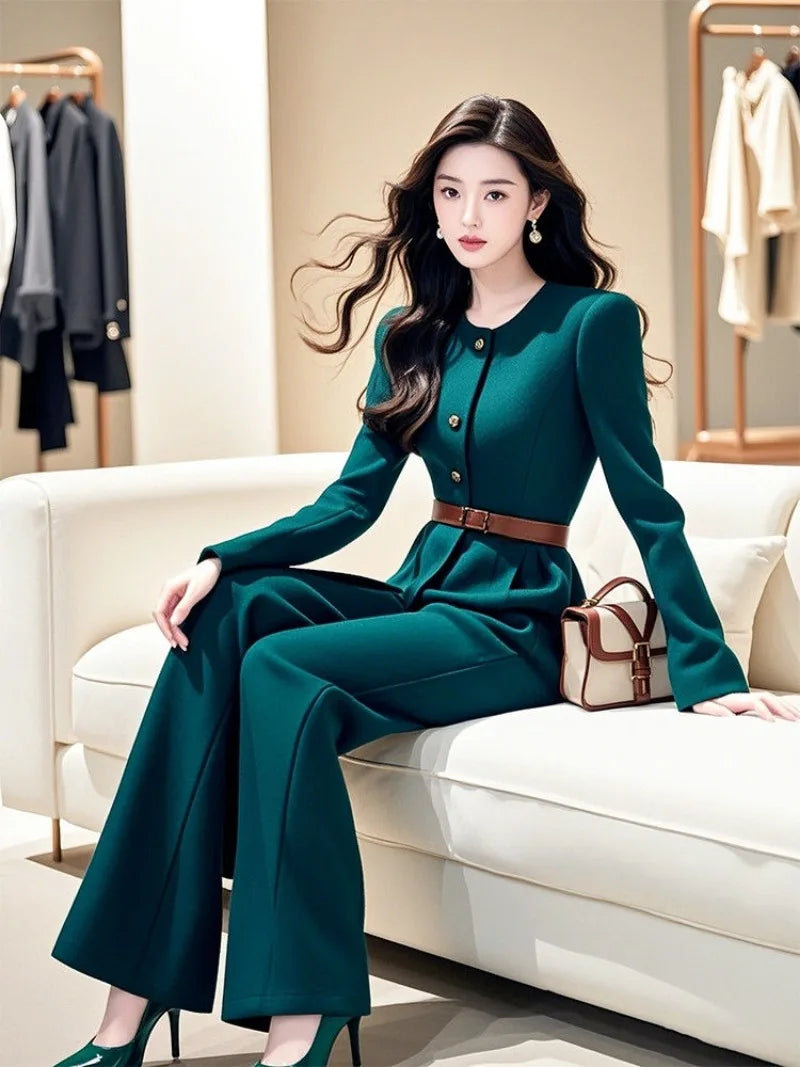 New High Quality Autumn Winter Women's Jumpsuit Fashion High Waist Slim Long Sleeve Solid Color Elegant Wide Leg Pants Rompers