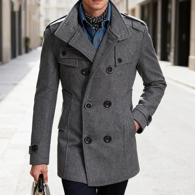 Vintage Lapel Double-breasted Woolen Coats Men Fall Winter Solid Color Trench Coat Casual Men's Slim Mid-length Overcoat