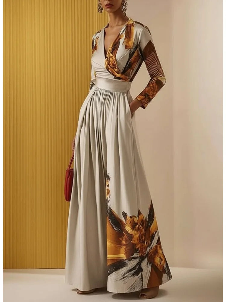 Women's Printed Slim Fit Jumpsuit V-neck Long Sleeves High Waist Wide Leg Coverall Elegant Commuter Outfit for Office Ladies