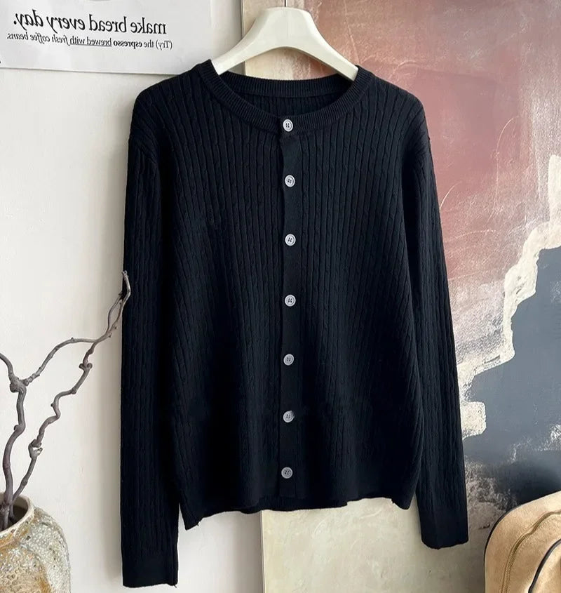 2025 Pure Color Long Sleeve Single Breasted Knitted Sweater Autumn Winter Women's Crew Neck Cardigan New Casual Versatile Tops