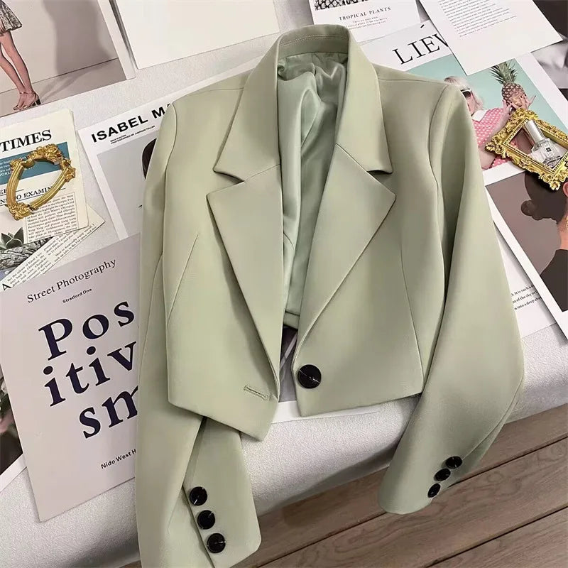 2025 Autumn Black Cropped Blazers Woman Trend New All-match Notched Collar Crop Jacket Women Korean Chic Single Button Suit Coat