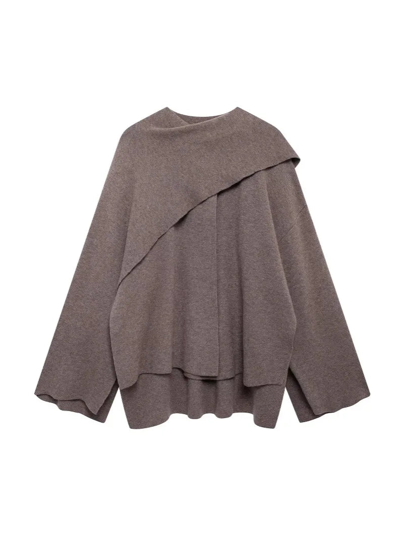 Women Fashion Scarf Decorated Woolen Jacket Casual Solid Long Sleeve Loose Warm Overcoat 2025 Autumn Winter New Lady Chic Coat
