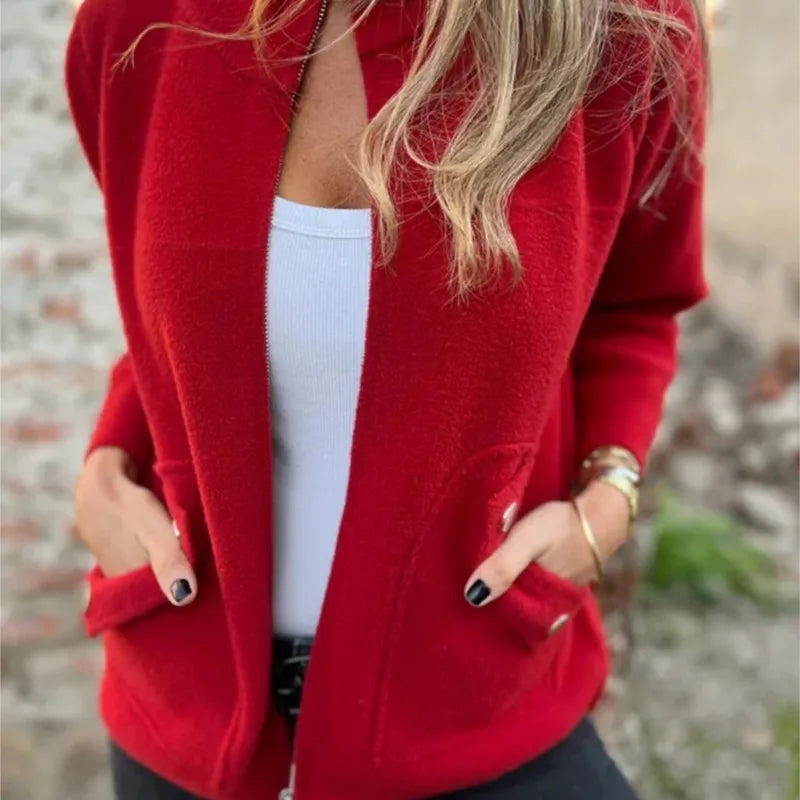 Lightweight Casual Zipper Cardigan Wool Jacket For Women's Autumn Stand Collar Tether Pocket Loose Versatile Female Wool Coat