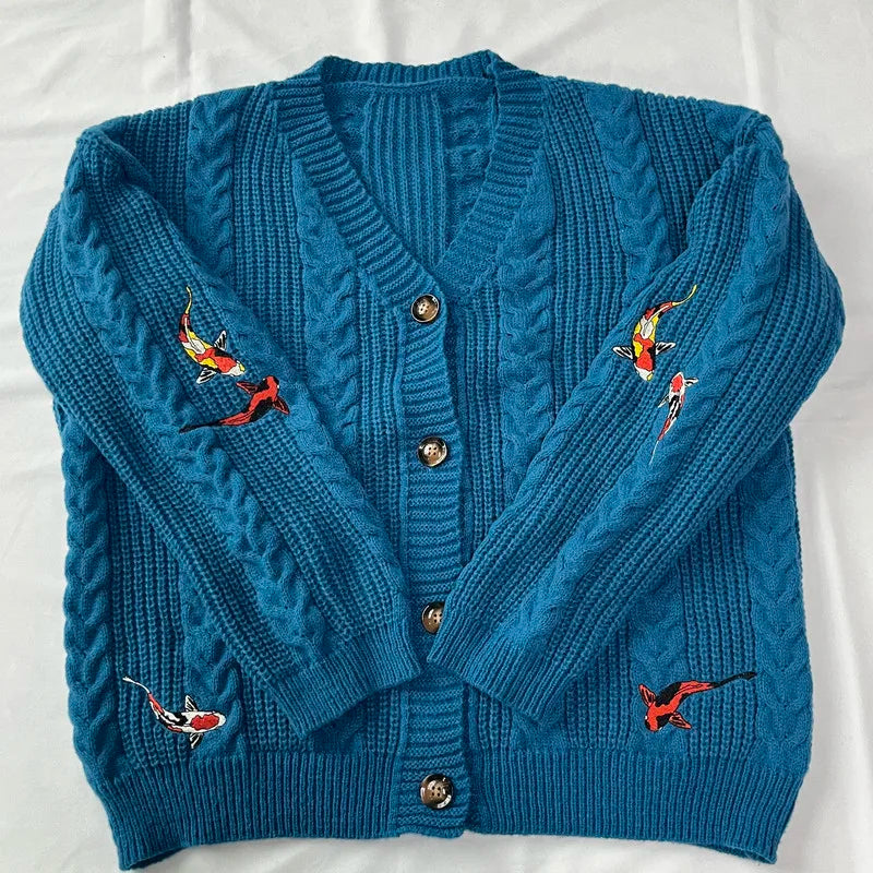 Autumn Red Maple Leaf Embroidered Leaves Knitted Cardigan Women Winter V-neck Single Breasted Show Y2k Style Cardigans Girls