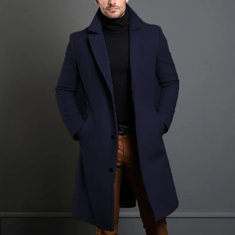 Winter Woolen Coat Men Jacket Elegant Medium and Long Woolen Jacket with Lapel Pockets Slim Solid Color Suit Collar Trench Coat