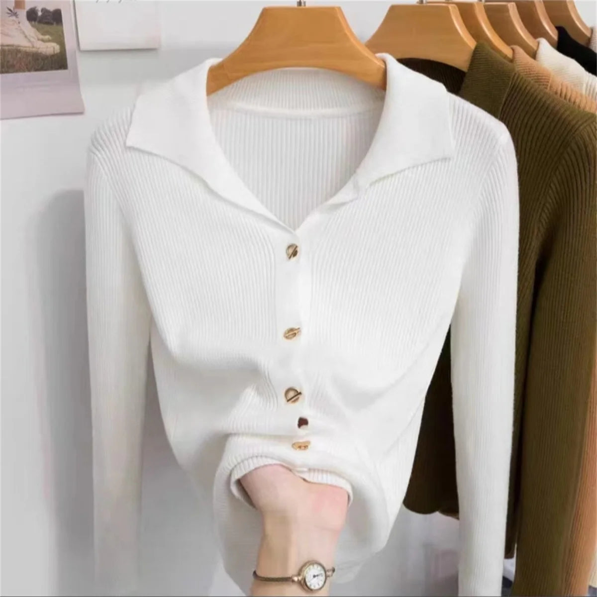 Women Fashion Button Knitted Cardigan Autumn Winter Polo Neck Long Sleeve Solid Knitwear Korean Vintage Casual Street Tops Chic