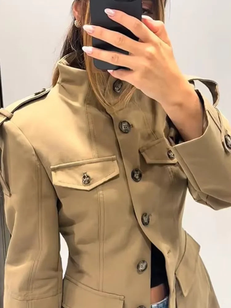 Elegant Stand Collar Trench Coats Women Y2K Long Sleeve Pockets Waist Jacket 2026 Autumn Street Lady Single Breasted Outerwear